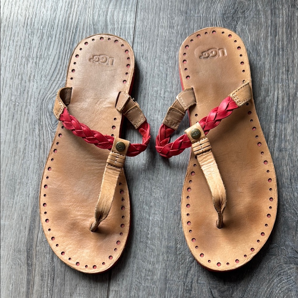 UGG Tan and Coral Braided Sandals